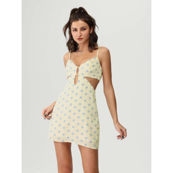 NWT Cider Floral Cutout & Keyhole Cream & Blue Boho Cottagecore Mini Dress - Picture 12 of 16